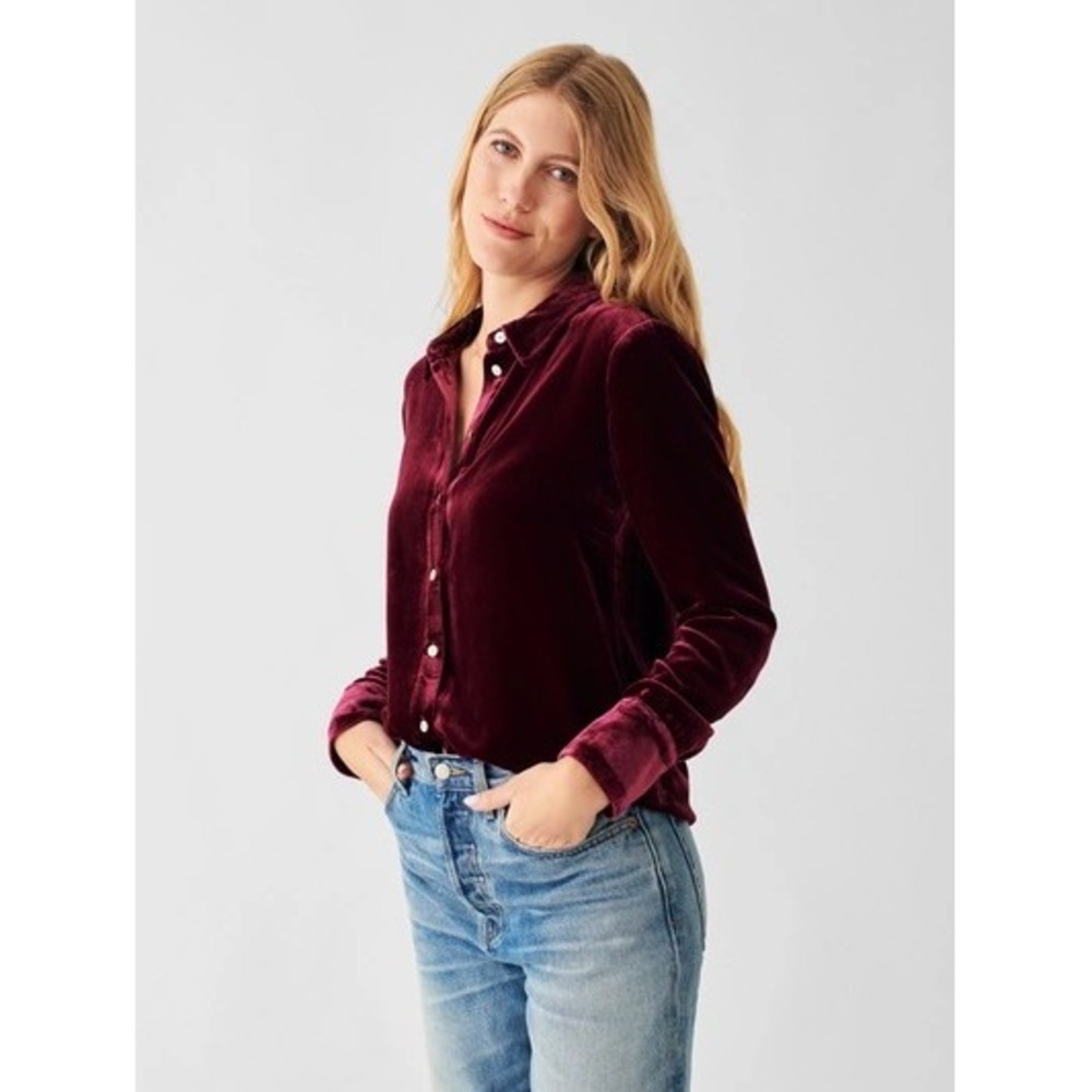 Faherty Vintage Genevieve Silk Velvet Shirt XS Maroon Banner‎ Long Sleeve